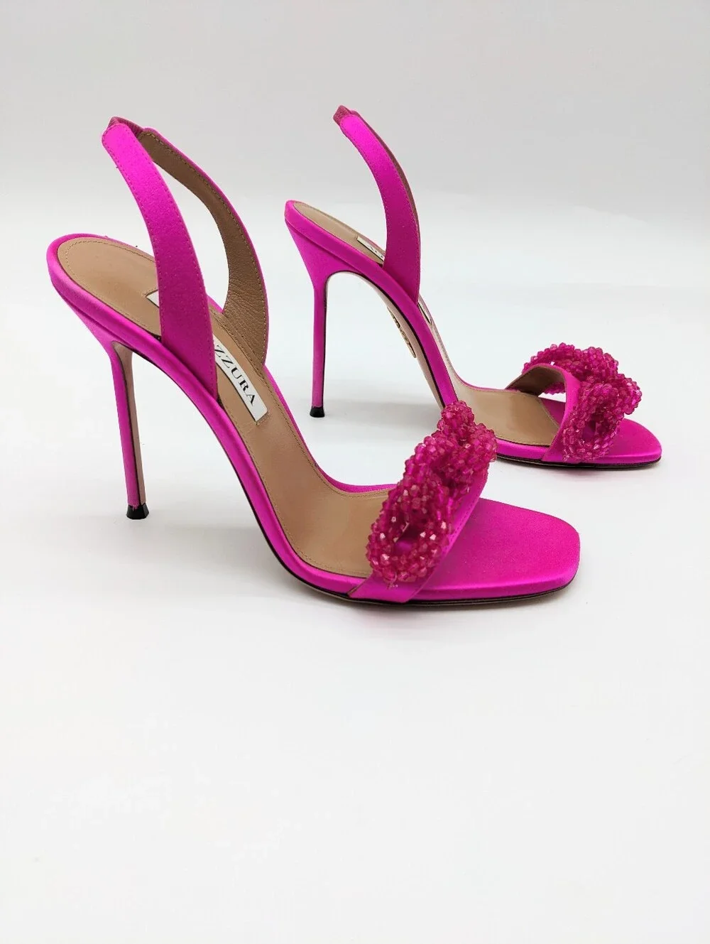 AQUAZZURA Chain of Love embellished satin sandals heels 37.5